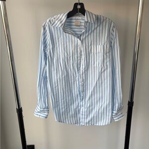 Striped Blue & White Women’s Oversized Button-Up Blouse With Pocket